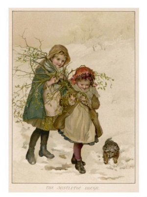 Two Girls and Their Dog Gather Mistletoe in the Snow