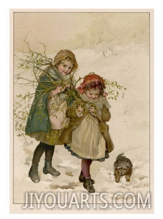 Two Girls and Their Dog Gather Mistletoe in the Snow