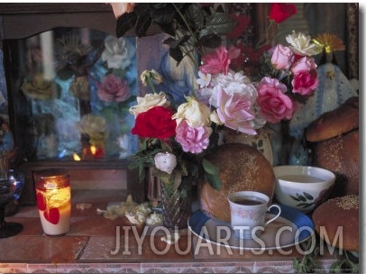 Altar Celebrating the Day of the Dead with Pan de Muertos and Offerings, Oaxaca, Mexico