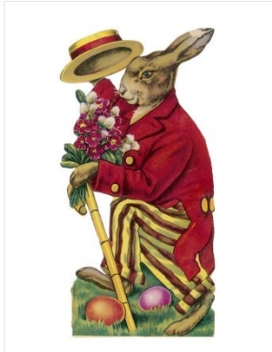 An Easter Rabbit Wearing a Red Coat and Stripy Trousers Brings Someone a Bouquet of Flowers