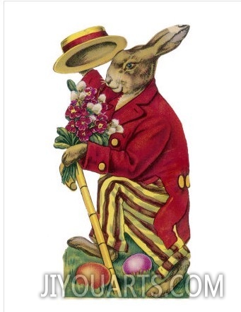An Easter Rabbit Wearing a Red Coat and Stripy Trousers Brings Someone a Bouquet of Flowers