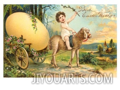 Best Easter Wishes, Girl Riding Sheep, Pulling Egg