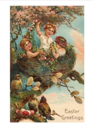 Easter Greetings, Children in Nest