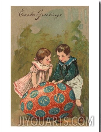 Easter Greetings, Children with Multi Colored Egg