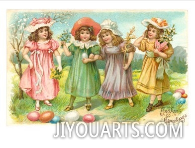 Easter Greetings, Little Girls with Eggs