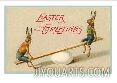 Easter Greetings, Rabbits on Seesaw