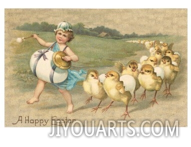 Happy Easter, Boy Drummer Leading Chicks