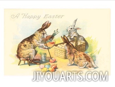 Happy Easter, Rabbit Paining Eggs