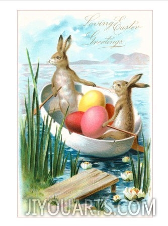 Loving Easter Greetings, Rabbits in Rowboat