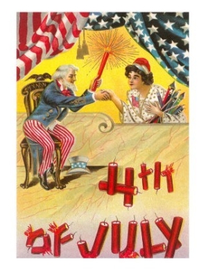 4th of July, Uncle Sam Shaking Hands with Rocket Lady