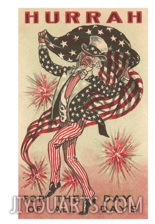 4th of July, Uncle Sam Trotting with Flag