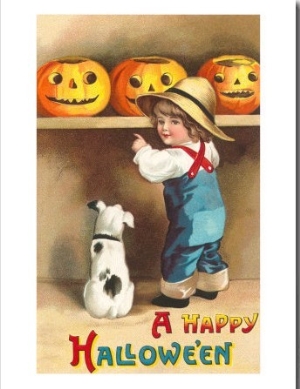 A Happy Halloween, Dog and Boy with Jack O