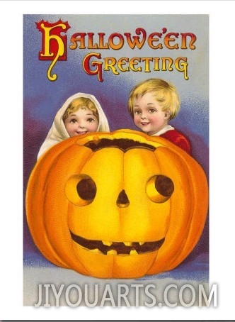 Halloween Greeting, Children with Jack O