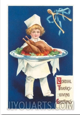 Greetings, Boy Chef with Cooked Turkey