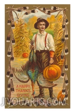 Greetings, Man with Turkey and Pumpkin