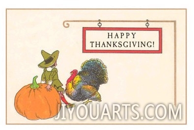 Happy Thanksgiving, Pilgrim Boy with Turkey