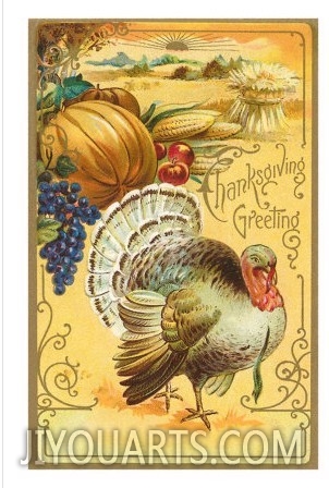 Thanksgiving Greeting, Turkey and Pumpkin，01