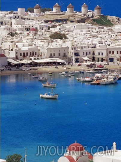 Aerial View of Mykonos, Hora and Harbour, Cyclades, Greek Islands, Greece, Mediterranean