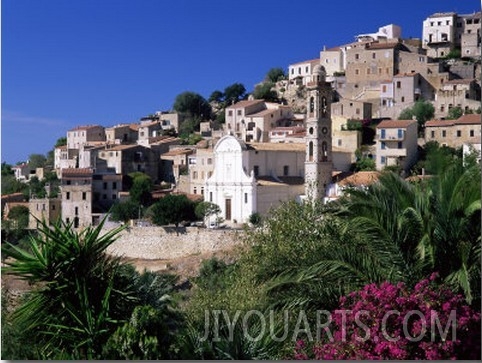 View of Church and Village on Hillside, Lumio, Near Calvi, Mediterranean, France