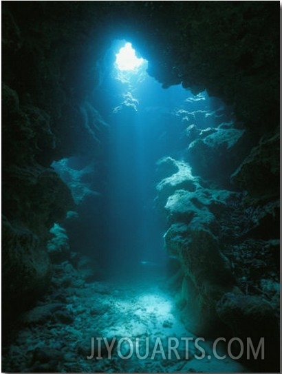 A Beam of Sunlight Illuminates an Underwater Cave