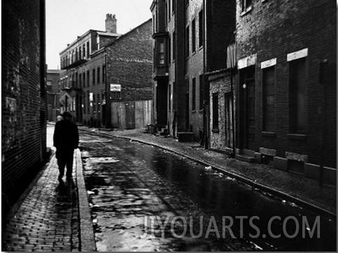 Rain Slicked Street Scene in Poor Section of City in Eastern US