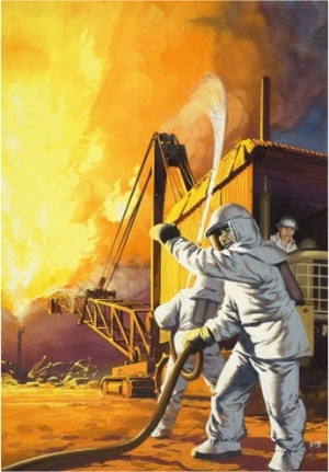 Fireman in Safety Suit Fighting a Fire at an Oil Field