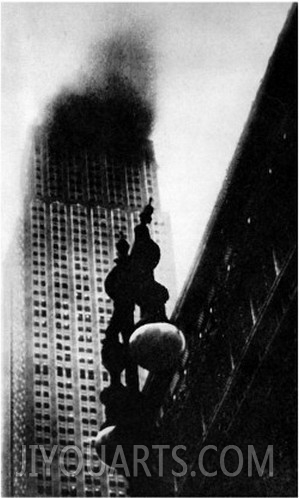 The Empire State Building, New York, on Fire, 1945