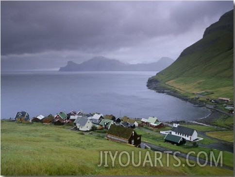 Elduvik Village, View over Funningsfjordur and Kalsoy Cliffs in the Distance, Esturoy Island