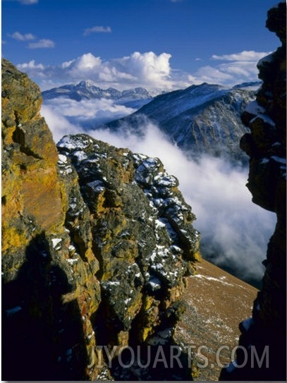Fresh Snow on Cliffs Above Forest Canyon and Clouds, Rocky Mountain National Park, Colorado, USA