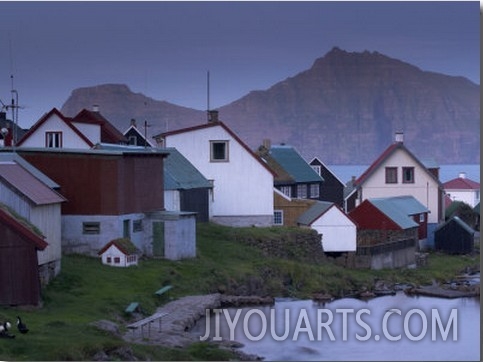 Houses at Gjogv at Twilight, with View of Kalsoy Cliffs of Nestindar, 788M, and Borgarin, 537M