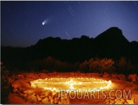 Medicine Wheel with Night Sky, and Hale Bopp Comet, Sedona, Arizona, USA