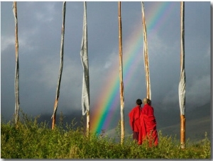 Rainbow and Monks with Praying Flags, Phobjikha Valley, Gangtey Village, Bhutan