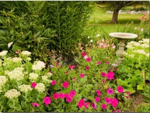 Birdbath and Flowers, Oakland House Seaside Resort, Brooksville