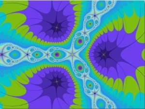 Abstract Purple and Green Fractal Designs on Turquoise Background