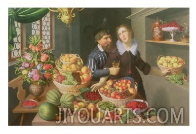 Man and Woman Before a Table Laid with Fruits and Vegetables