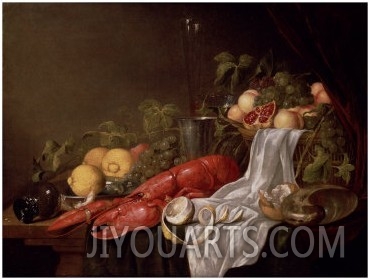 Still Life of Fruit and a Lobster on a Cloth Draped Table