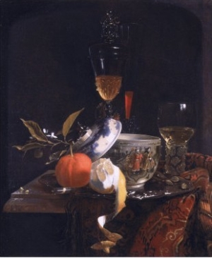 Still Life with Chinese Sugar Jar, Glass Goblet and Fruit