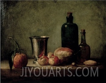 Still Life with Silver Beaker, Fruit and Bottles on a Table