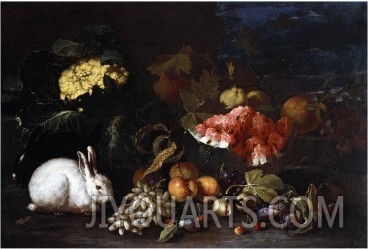 Vegetables and Fruit with Rabbits in a Landscape