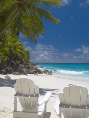 Two Adirondack Chairs on Tropical Beach, Seychelles, Indian Ocean, Africa
