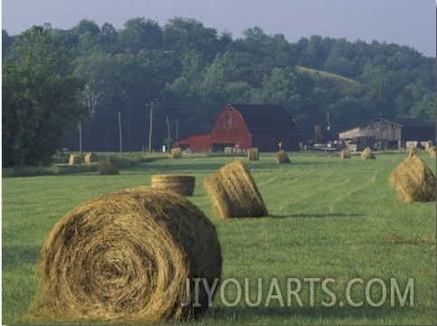Hay Bales and Red Barn, Greenup, Kentucky, USA
