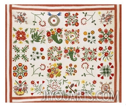 Pieced, Appliqued and Trapunto Cotton Quilted Coverlet Made for Mary Wilkins, Baltimore, Dated 1846