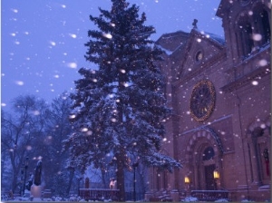 Snow Falls on a City Scene, Santa Fe, New Mexico, USA