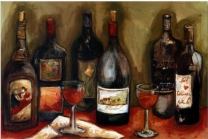 Wine Still Life with Olive Green Background