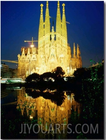 Temple Expiatori De La Sagrada Familia at Night, Barcelona, Catalonia, Spain