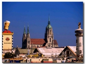 Beer Tents at Oktoberfest with Cathedral in the Background, Munich, Bavaria, Germany