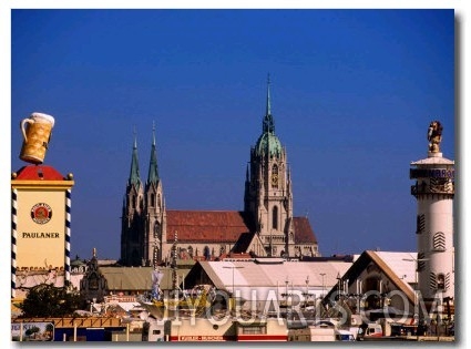 Beer Tents at Oktoberfest with Cathedral in the Background, Munich, Bavaria, Germany