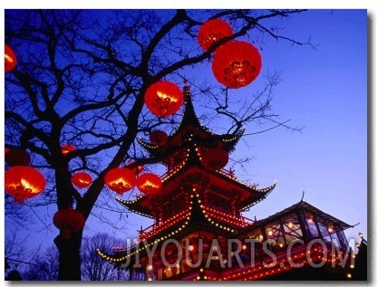 Chinese Pagoda and Tree Lanterns in Tivoli Park, Copenhagen, Denmark