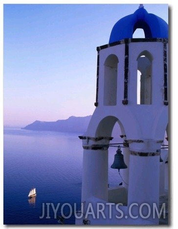 Church Belltower Tower and Yacht at Sea Below, Oia, Santorini Island, Southern Aegean, Greece
