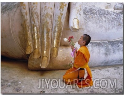 Novice Buddhist Monk Kneeling Beneath the Phra Atchana Buddha Statue, Sukhothai Province, Thailand